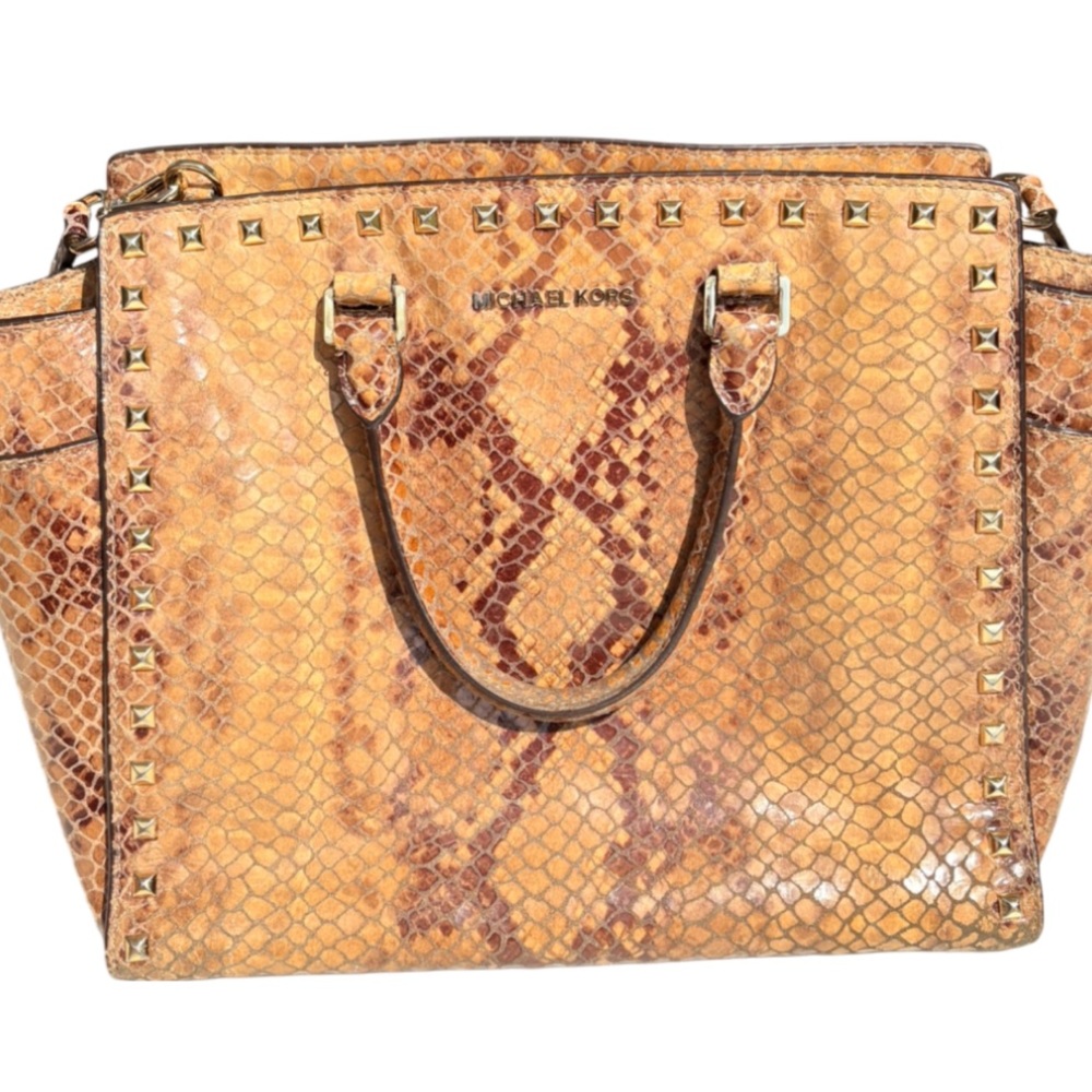 👜 Michael Kors Studded Python-Print Leather Tote Bag – Brown/Gold
